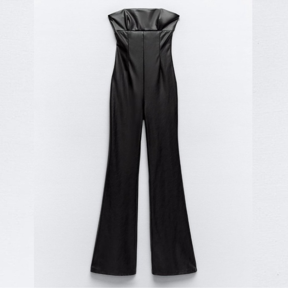 BLOGGER'S FAVE! Zara Strapless Faux Leather Jumpsuit Black NWT